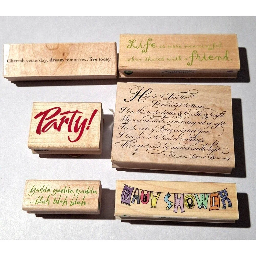 Lot of 6 Vintage Wooden Rubber Stamps Quotes, Party, Baby Shower, Poem Crafts